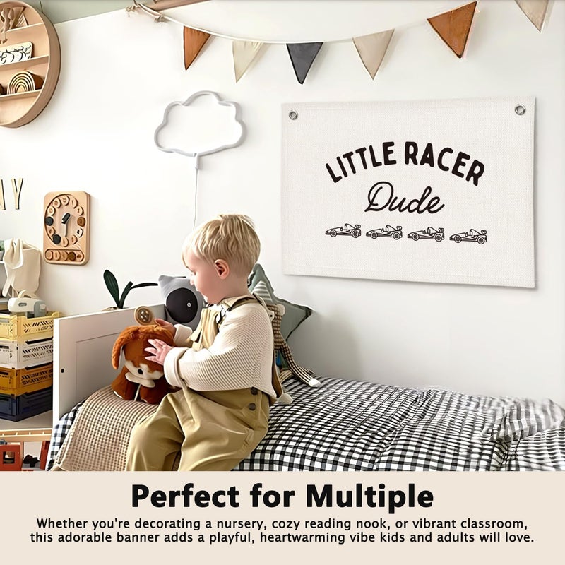 ETVISO Little Racer Dude Boys Room Decor - Linen Banner Wall Hanging Canvas Banner Flag Decor for Toddler Boy Bedroom Nursery Playroom - Image 5